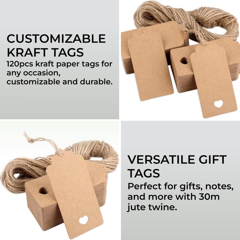 H&S Kraft Paper Blank Tags for Christmas Gifts - 120pcs Multi-Function Brown Paper Tag with String Attached for Weddings - Heart Shape Cut Gift Tags for Gift Bags and Decoration - Image 2